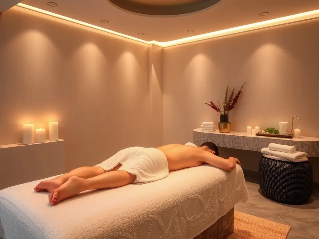 A serene spa environment for a full body massage with calming music and soft lighting.