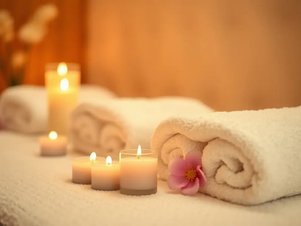 A peaceful spa room with aromatherapy candles and soft towels arranged neatly.