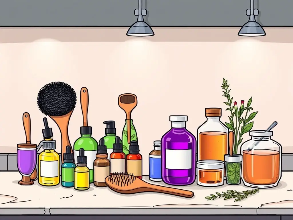 An image showcasing the various tools and products used in a head spa treatment, including essential oils, massage brushes, and herbal infusions.
