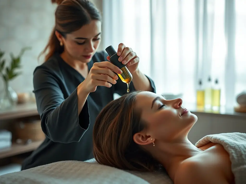 A serene image of a client receiving a scalp massage in a tranquil spa environment, with soft lighting and calming decor.