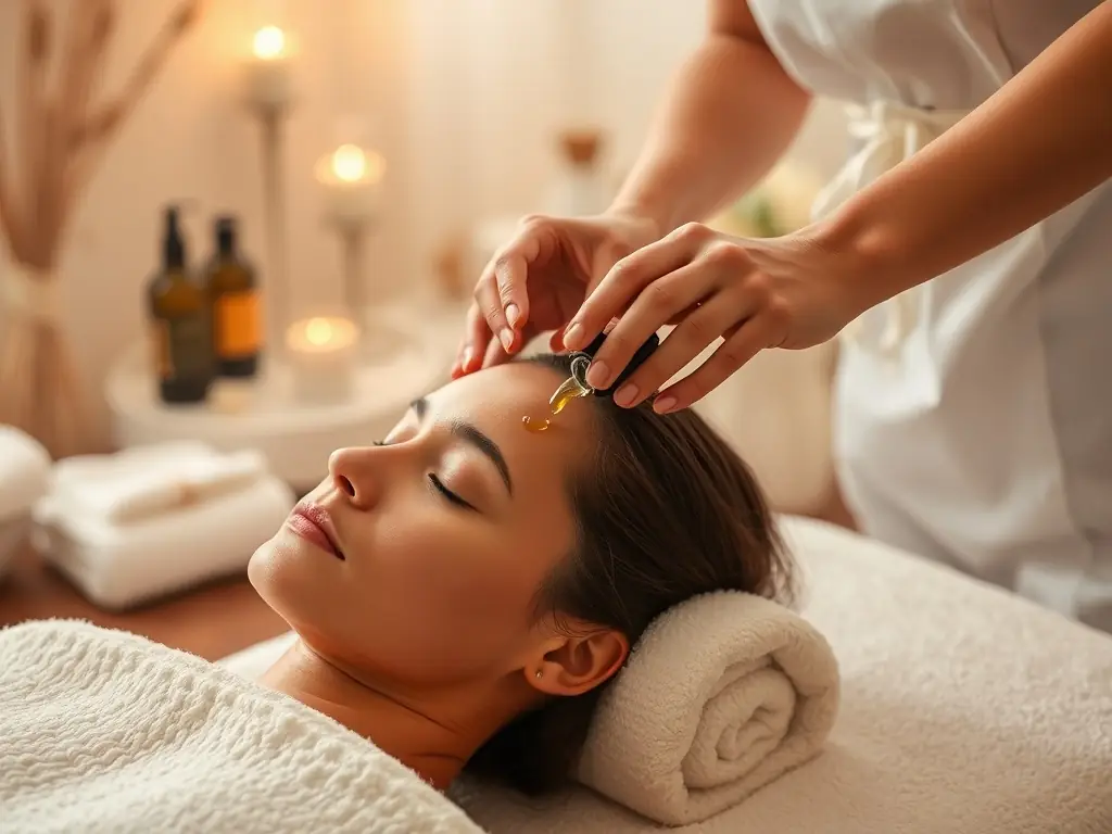 A close-up shot of a therapist applying a specialized scalp treatment, highlighting the premium products and meticulous techniques used.