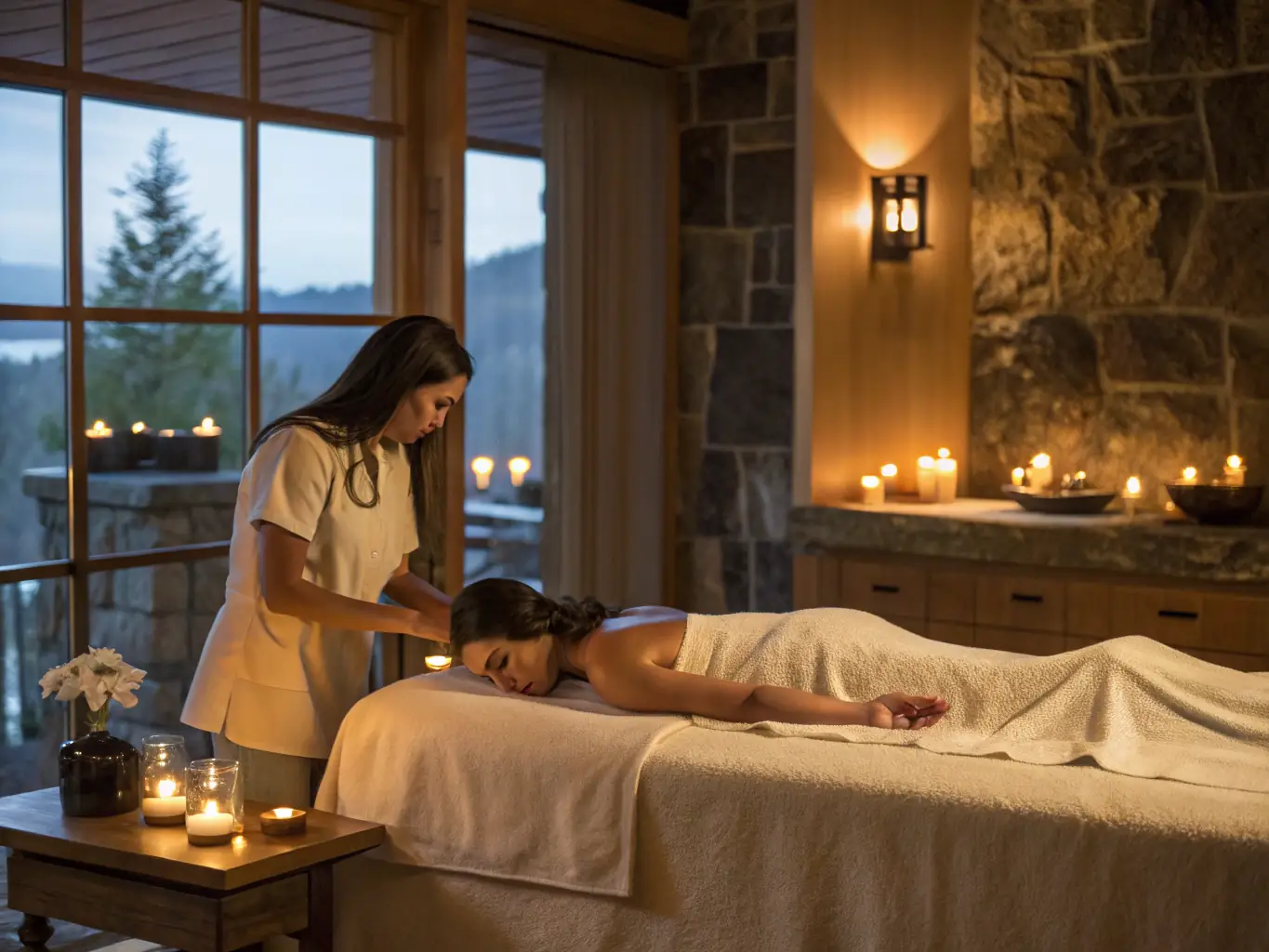 A person with a blissful expression receiving a head massage in a dimly lit, calming spa setting, highlighting stress reduction and mental clarity.