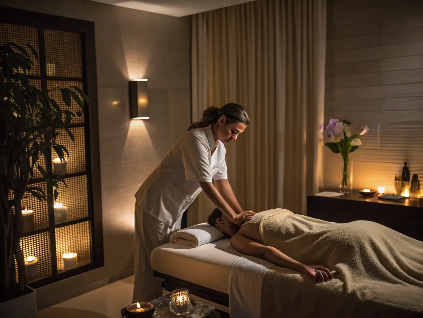 A close-up shot of a serene spa environment, focusing on a therapist gently massaging a client's scalp with essential oils, emphasizing relaxation and personalized care.